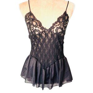 Vintage 70s Camisole Lace Peplum Nylon Sheer Lingerie Tank Top S/M